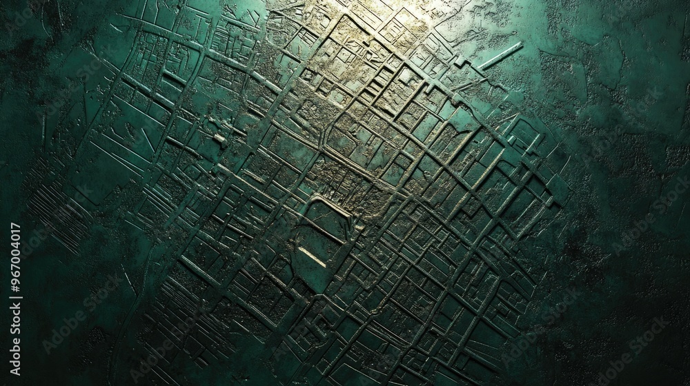 Poster engraved street map on a green metal background with a flat view illuminated from above 3d render an