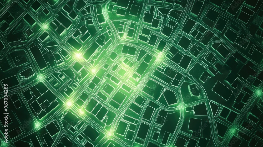 Poster abstract map of city streets represented with white lines on a green background illuminated by two l