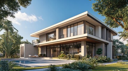 Fototapeta premium 3D rendering of a modern flat roof house featuring parking and a pool complemented by a concrete facade and lush landscaping set against a clear blue summer sky