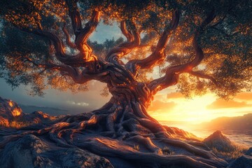 Majestic ancient fairy tree with twisting roots illuminated by the warm glow of sunset 3D illustration