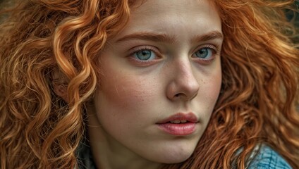 Fototapeta premium A woman with orange curly hair and blue eyes with freckles on her face.