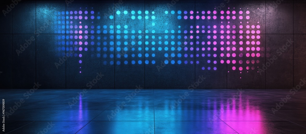 Poster 3d rendering of a light wall featuring blue and violet spots shaped like a tablet symbol set against