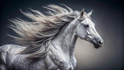 * A regal gray horse's flowing mane and tail cascade down its neck, isolated against a neutral background