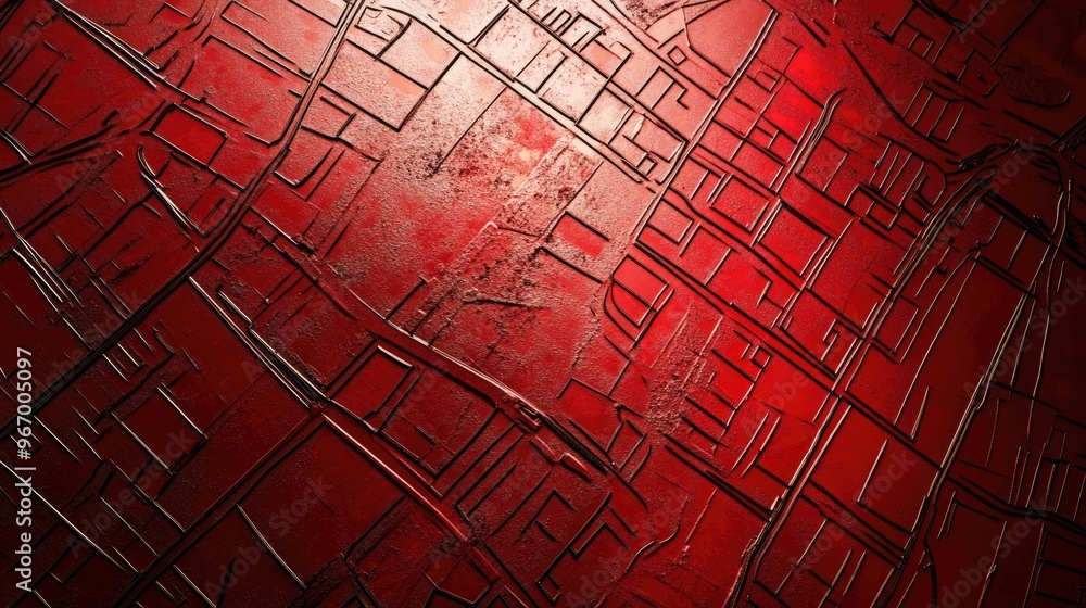 Poster engraved street map design on a red metal background showcasing a flat view with light illuminating 