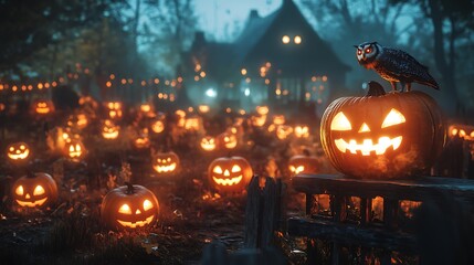 Naklejka premium A spooky Halloween night unfolds with an owl and jack-o'-lantern glowing under the moon.