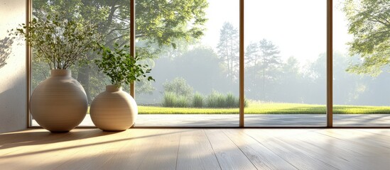Concept of a minimalist Scandinavian room featuring vases on wooden flooring expansive walls and a bright landscape visible through large windows Nordic home interior design 3D artwork