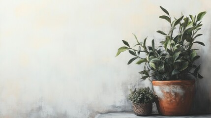 Two potted plants with green leaves on a white background