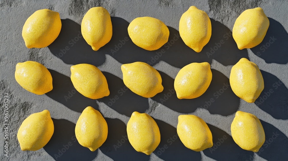 Poster numerous lemons arranged on a slate gray backdrop overhead perspective diagonal layout 3d rendering 