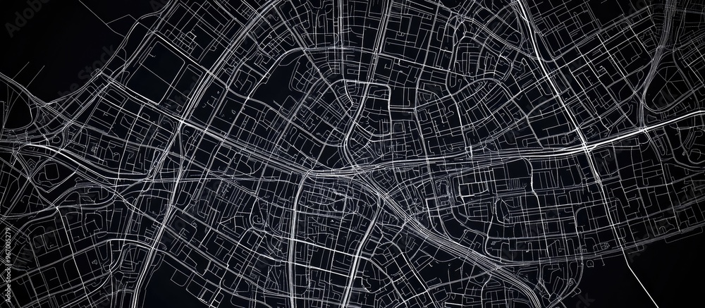 Poster stylized map featuring city streets depicted with white lines on a black background top down view wi