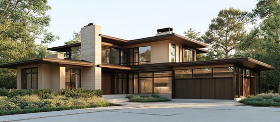 Fototapeta premium Contemporary residence featuring a brown exterior against a white backdrop 3D rendering