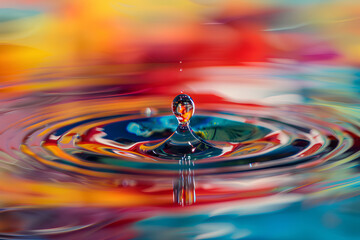 A drop of water is falling into a colorful pool of water
