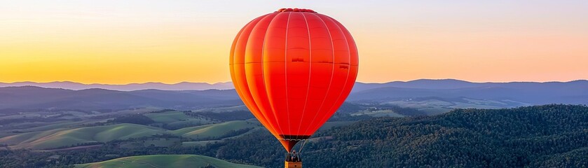 Obraz premium Hot Air Balloon Over Rolling Hills, aerial view, tranquility, rural landscape, soft pastels, travel and exploration, peaceful adventure