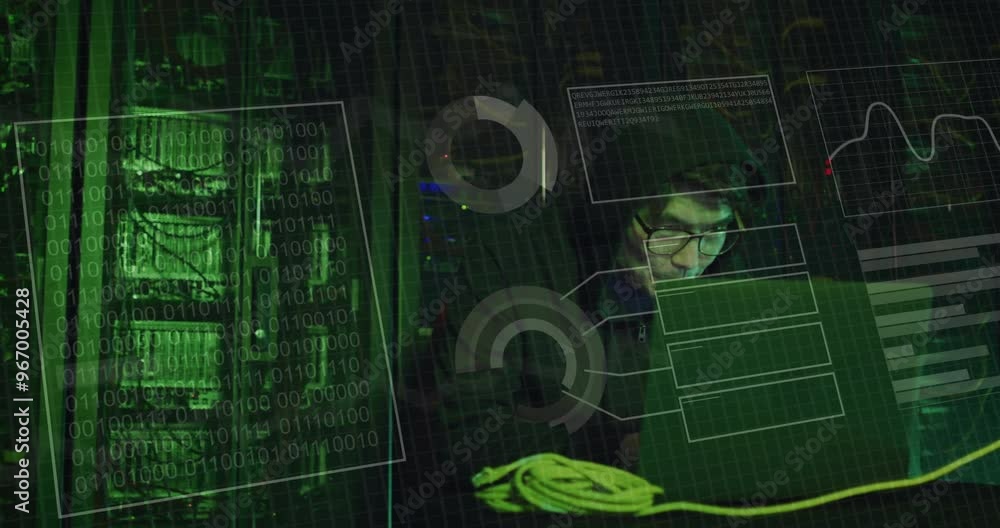 Poster animation of data processing and diagrams over asian male hacker in server room