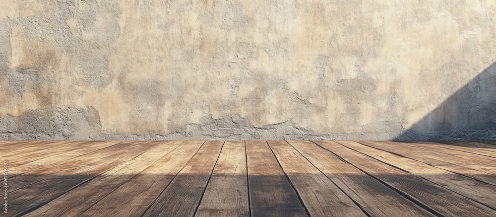 Poster wooden floor and stucco wall backdrop with ample space for text 3d rendering
