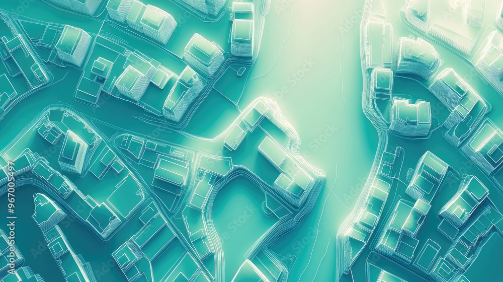 Poster map featuring street layouts created with white lines over a gradient backdrop of greenish blue aeri