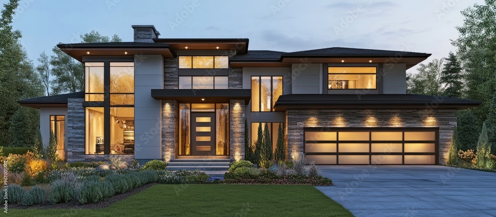 Aufkleber 3d rendering of a modern house with a contemporary design featuring large windows a spacious layout 