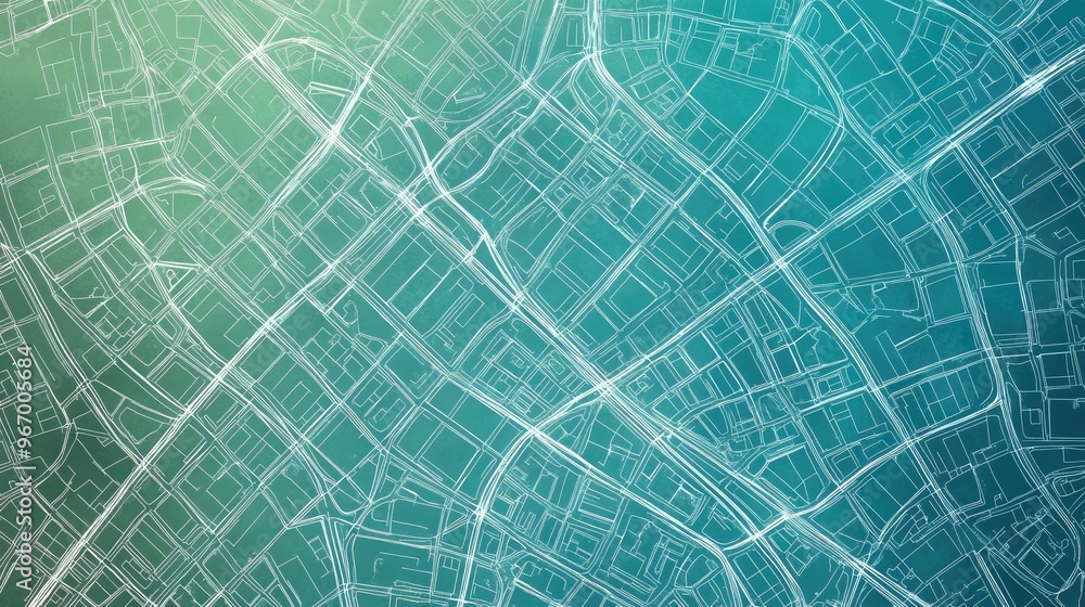Poster map of streets illustrated with white lines on a greenish blue gradient background aerial view in 3d