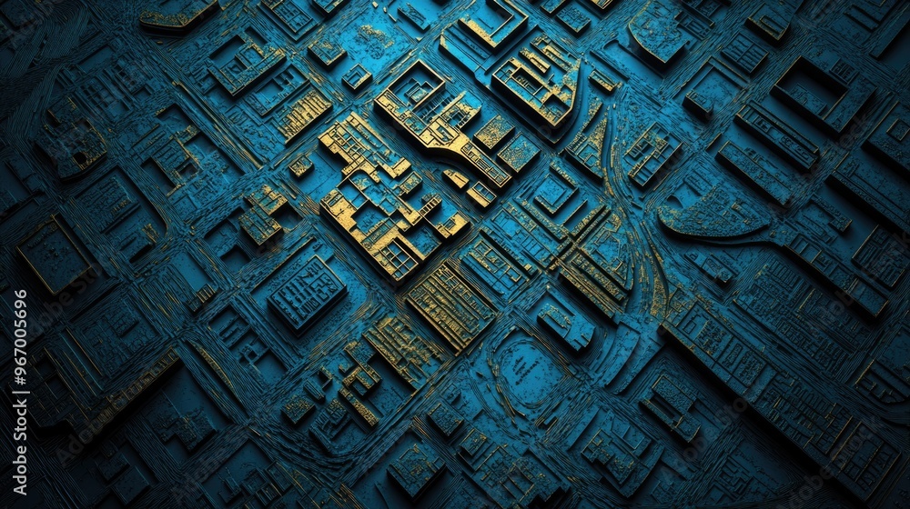 Poster engraved street map on a blue metal background with a flat view illuminated from above 3d rendering 