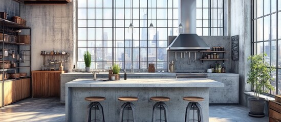 Obraz premium 3D rendering of a modern loft kitchen featuring a stylish concrete interior design