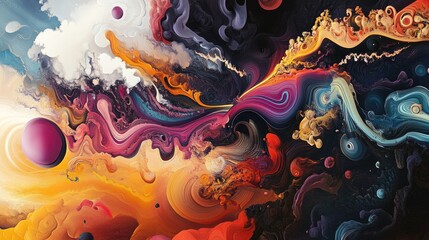 Obraz premium Dynamic interplay concept featuring chaotic designs emphasizing a whimsical interaction among vibrant spirits