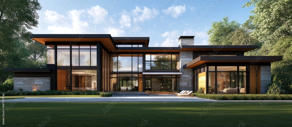 Poster 3d rendering of a modern house with a contemporary design featuring large windows a spacious layout 