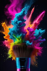 A brush is surrounded by colorful makeup powder, creating a vibrant and dynamic scene
