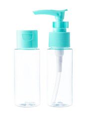 Clear plastic bottle with mint green cap suitable for storing liquids or skincare products