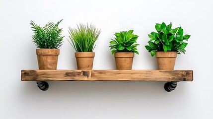 Fototapeta premium A rustic wood shelf displays potted plants, adding a touch of greenery to the space.