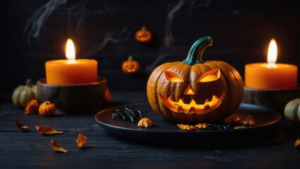 A pumpkin with glowing eyes sittting on a black plate on a wooden table