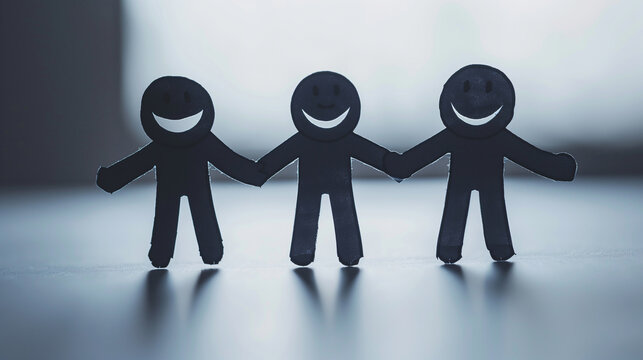 Black paperClip with smile face and people holding hands on white paper. Friendship concept