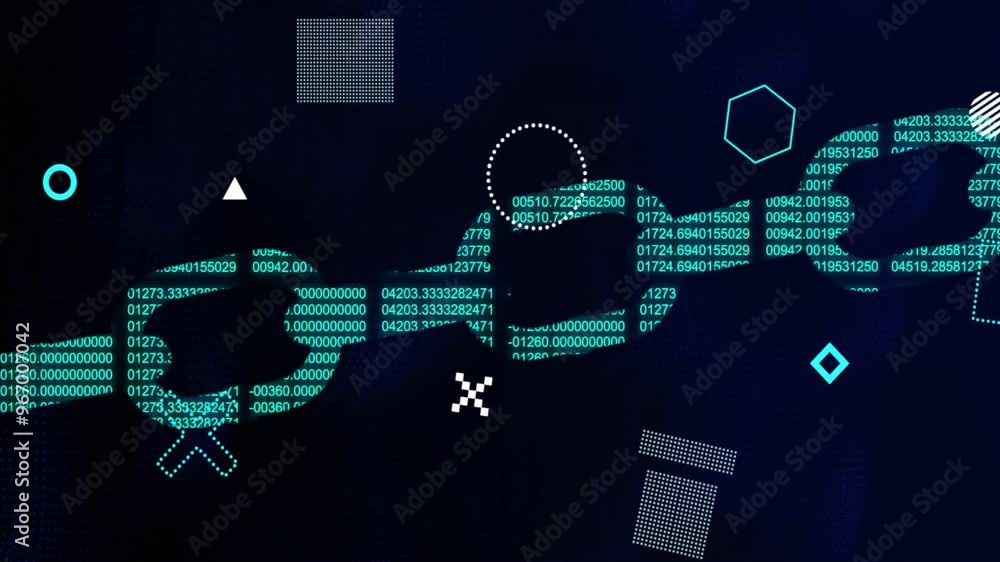 Poster animation of data processing and chain over moving shapes