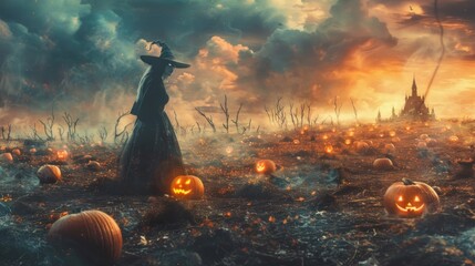 A witch walks through a pumpkin-filled landscape at sunset, evoking a Halloween atmosphere.