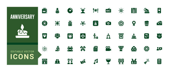 Anniversary icon set. Party, celebration, filled icons pack. Birthday, filled icon set, glyph icon set for web and ui. Solid icon set. Vector illustration.