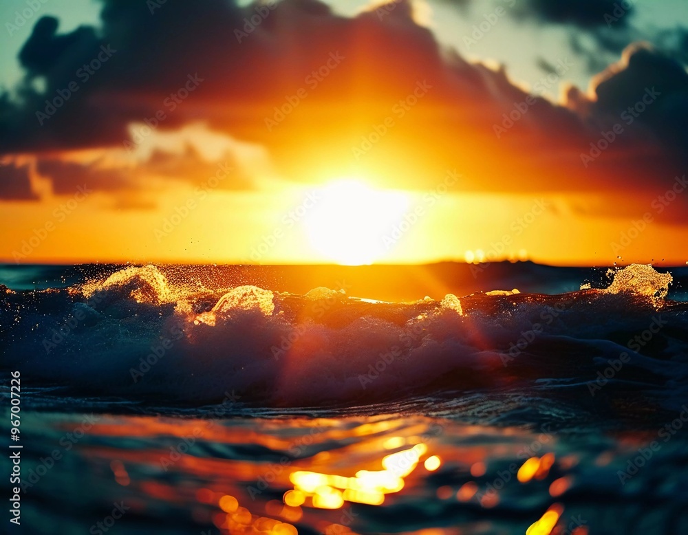 Poster the horizon glows with vivid oranges and reds as waves crash gently against the shore, reflecting th