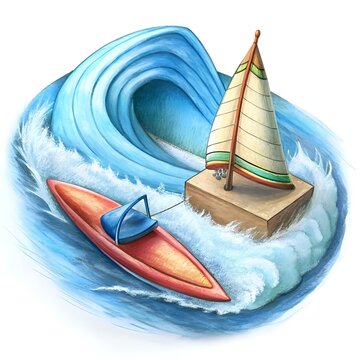 red surfboard and sailboat on blue wave clip art preview