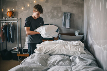 Man making bed in his bedroom at home. Cozy domestic lifestyle, cleaning, tidying up bedroom, housework concept.