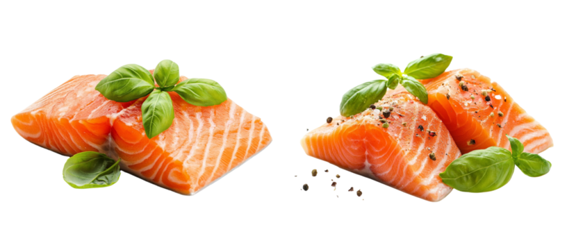 Set of two salmon pieces with basil Isolated on a white background