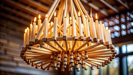 Tilted angle chandelier made of wood in the form of matches