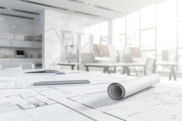 Architectural blueprints and drawing tools on wooden workshop table in modern office. Open space interior design. Project planning.