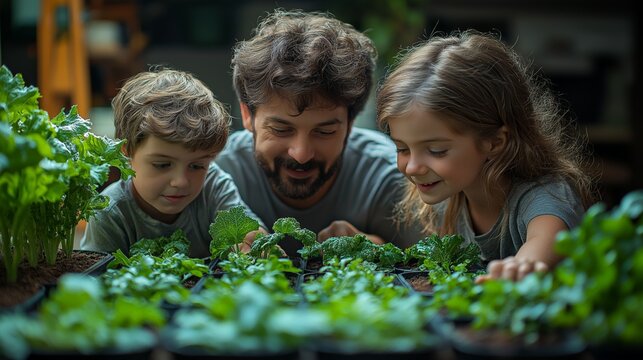 Father and Children Gardening Together, Teaching Kids to Grow Vegetables, Indoor Home Garden Scene Filled with Greenery and Smiling Faces