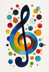 Abstract pop art treble clef with colorful circles, combining modern design and musical creativity in a minimalist style.