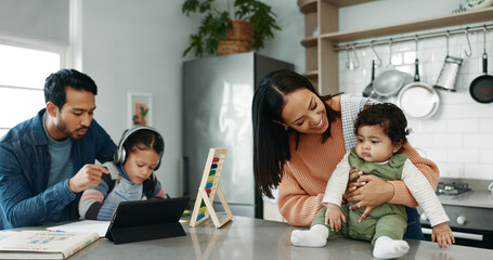Parents, children and homework with baby in kitchen for bonding, care and love with support in family house. Father, mother and daughter with infant, happy and tablet for online course at apartment