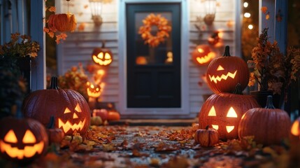 Obraz premium A festive Halloween porch scene adorned with glowing jack-o'-lanterns and autumn leaves.