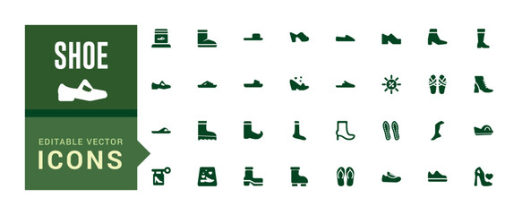 Shoe icons set in solid style. Men and women shoes set collection vector illustration. Filled icon set, solid icon set. Glyph icon set for web and ui. Vector illustration.