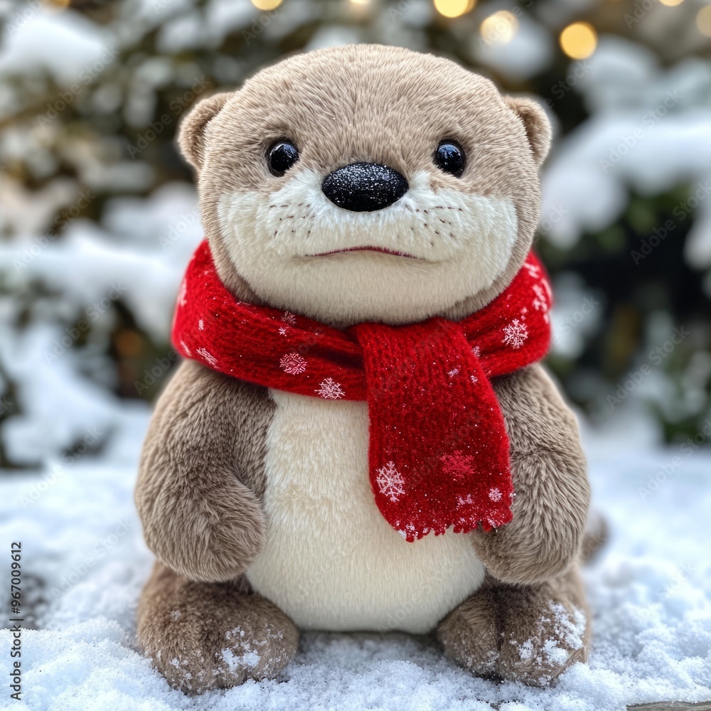 Poster A cute plush otter wearing a red scarf with snowflakes sits in the snow.