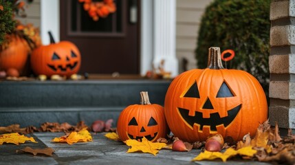 A festive Halloween scene with carved pumpkins and autumn leaves on a porch.
