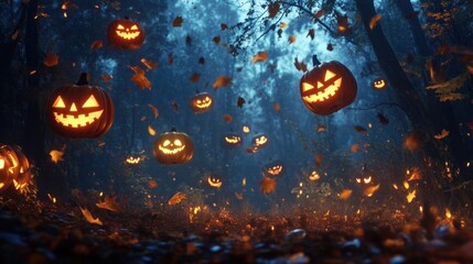 A mystical forest scene filled with floating, glowing jack-o'-lanterns amidst falling leaves.