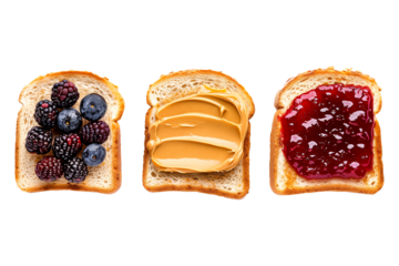 Slices of toast with different toppings like fresh berries, smooth peanut butter, and strawberry jam isolated on white transparent background. Concept of breakfast variety