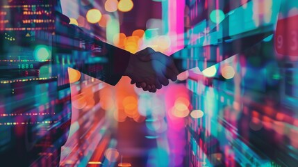 Two business professionals shaking hands with a vibrant digital overlay of financial data, symbolizing a merger or agreement in the tech industry