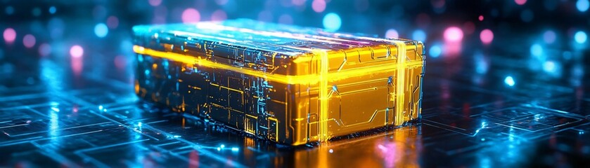 Obraz premium A luminous digital box surrounded by vibrant neon lights, symbolizing technology and innovation in a futuristic setting.